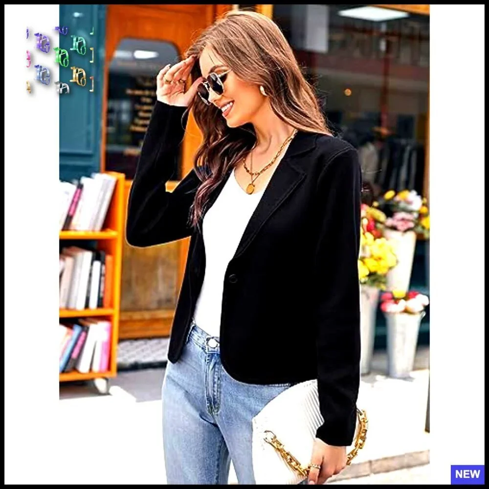 Cropped Knit Blazer Lightweight Button Front Casual Work Chic Sweater Jacket - Picture 4 of 7